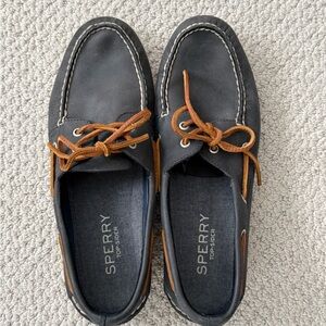 Sperry Navy Leather Boat Shoes with Tan Laces